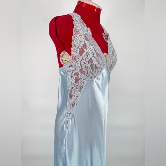 Icy Blue Lacey Satin Midi Length Slip Nightgown With Sheer Lace Panels - Picture 4 of 11